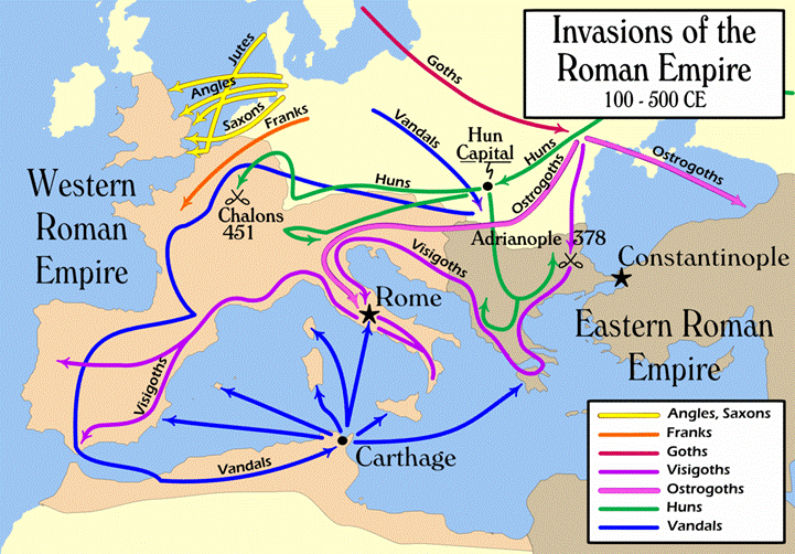 A map of the invasion of roman empire

Description automatically generated