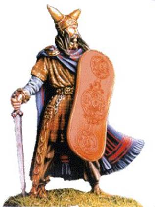 A statue of a person holding a shield and sword

Description automatically generated