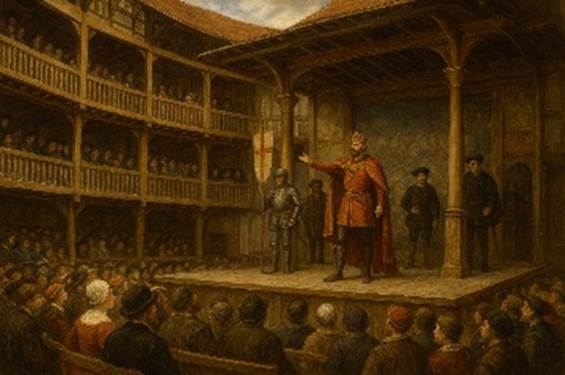 A painting of a person in a red cape on a stage with a crowd of people

AI-generated content may be incorrect.