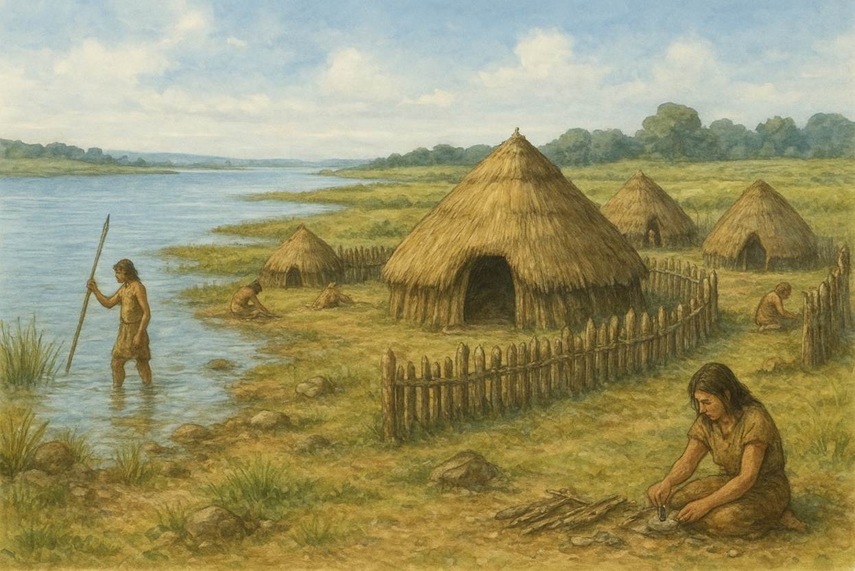 A drawing of a village near a river

AI-generated content may be incorrect.