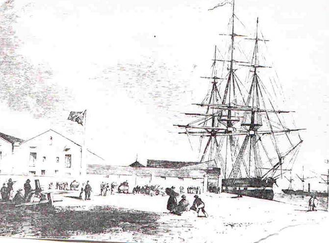 A drawing of a ship in a dock
Description automatically generated