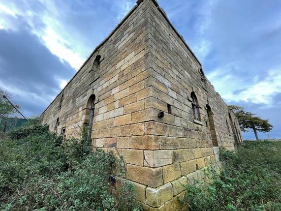 A stone building with plants growing on it
Description automatically generated