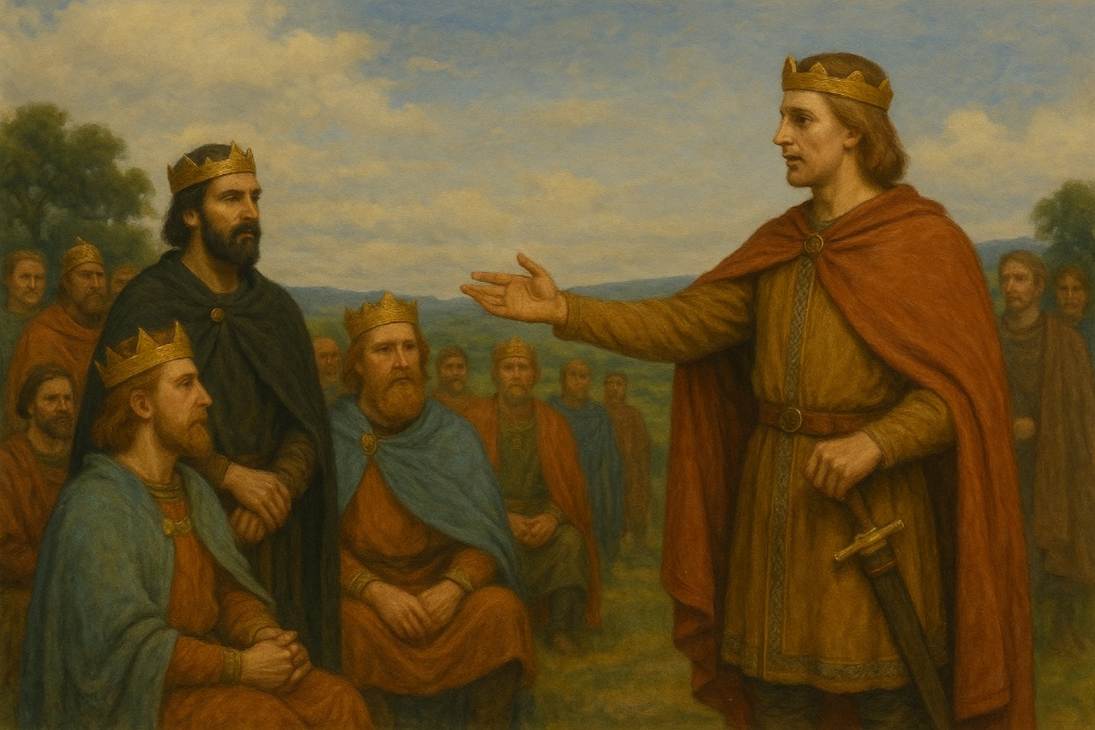 A painting of a person in a crown and a sword

AI-generated content may be incorrect.