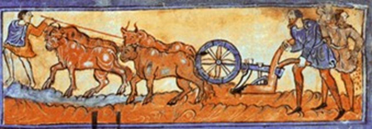 A painting of a bull pulling a cart
Description automatically generated