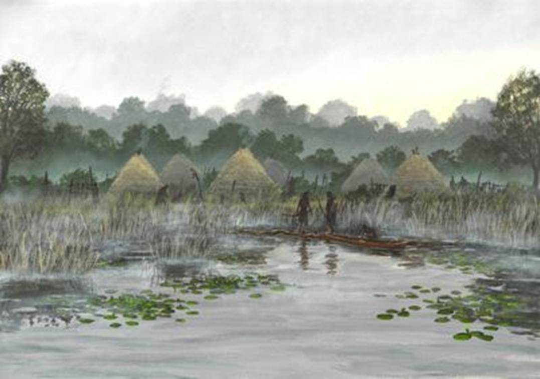 A painting of a lake with a group of huts and a boat
Description automatically generated with medium confidence