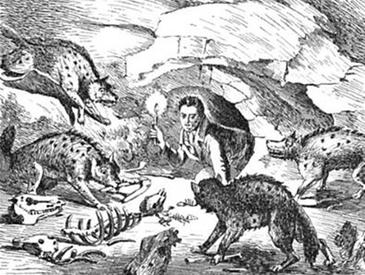 A person surrounded by hyenas and skeletons
Description automatically generated