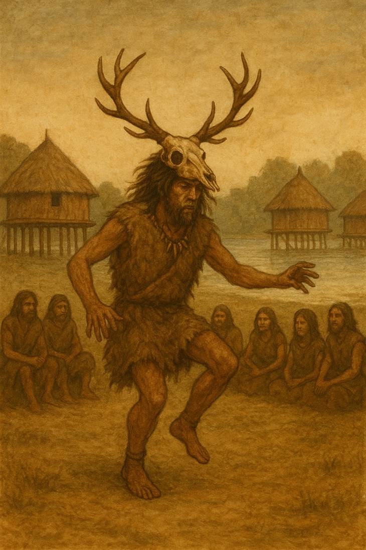 A person with antlers and a deer skull on his head
AI-generated content may be incorrect.