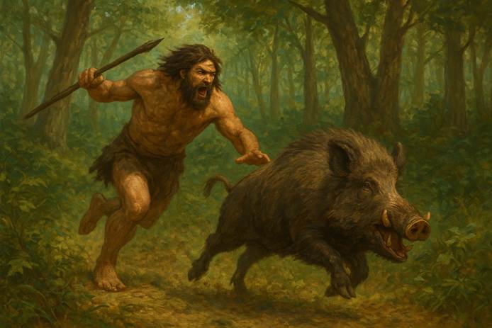 A person running with a spear and a boar
AI-generated content may be incorrect.