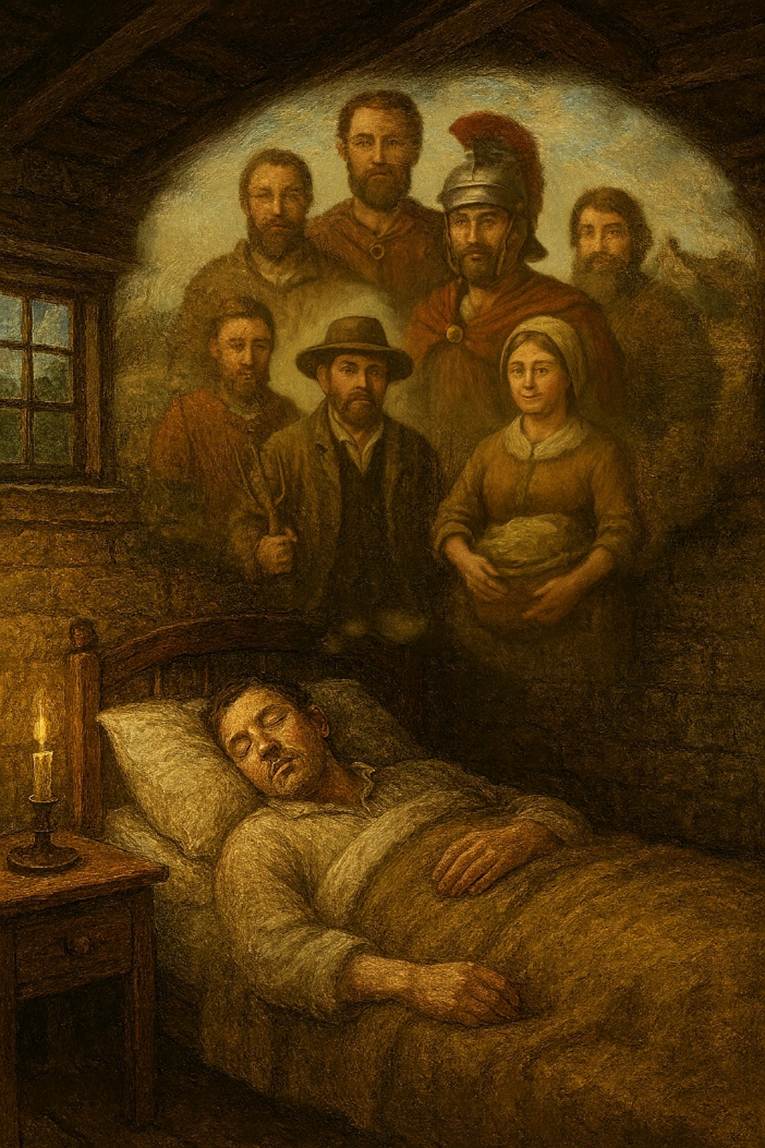 A painting of a person lying in a bed with a group of people around him
AI-generated content may be incorrect.