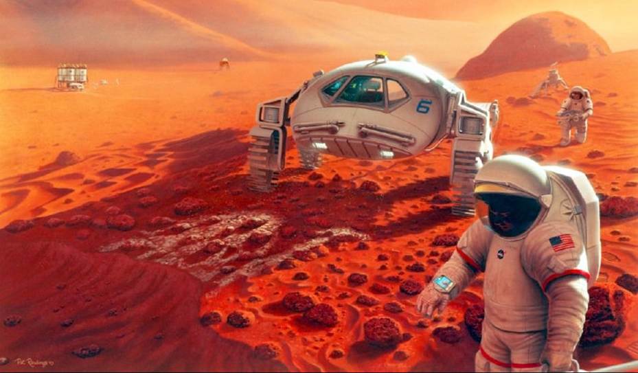 A astronaut walking on a red planet
Description automatically generated
