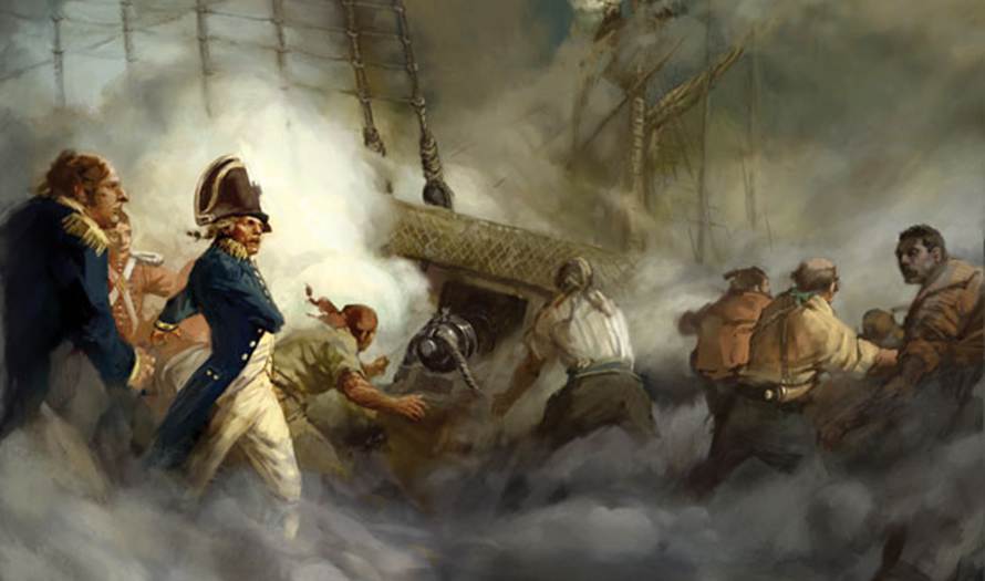 A painting of men fighting in a ship
Description automatically generated