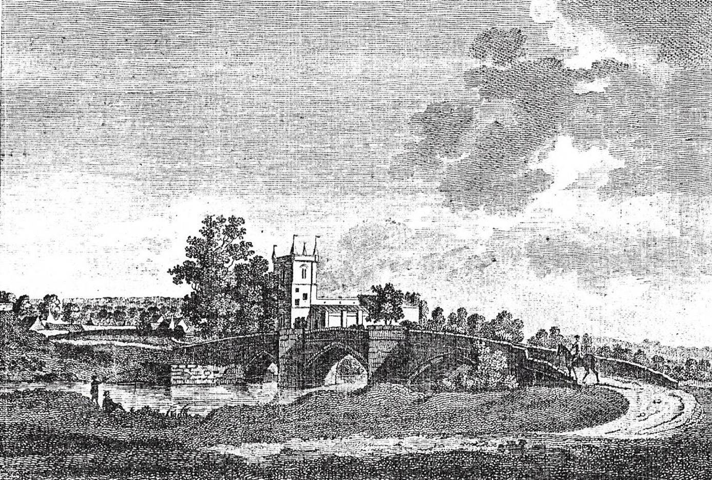 A drawing of a bridge and a building
Description automatically generated