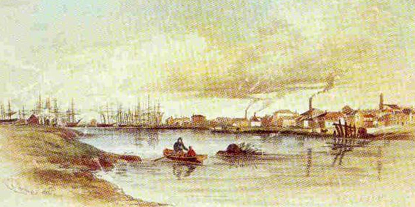 A painting of a river with boats and buildings
Description automatically generated