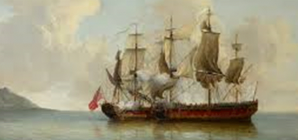 A painting of a ship in the water
Description automatically generated