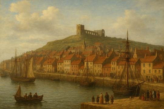A painting of a town with a castle in the background
AI-generated content may be incorrect.